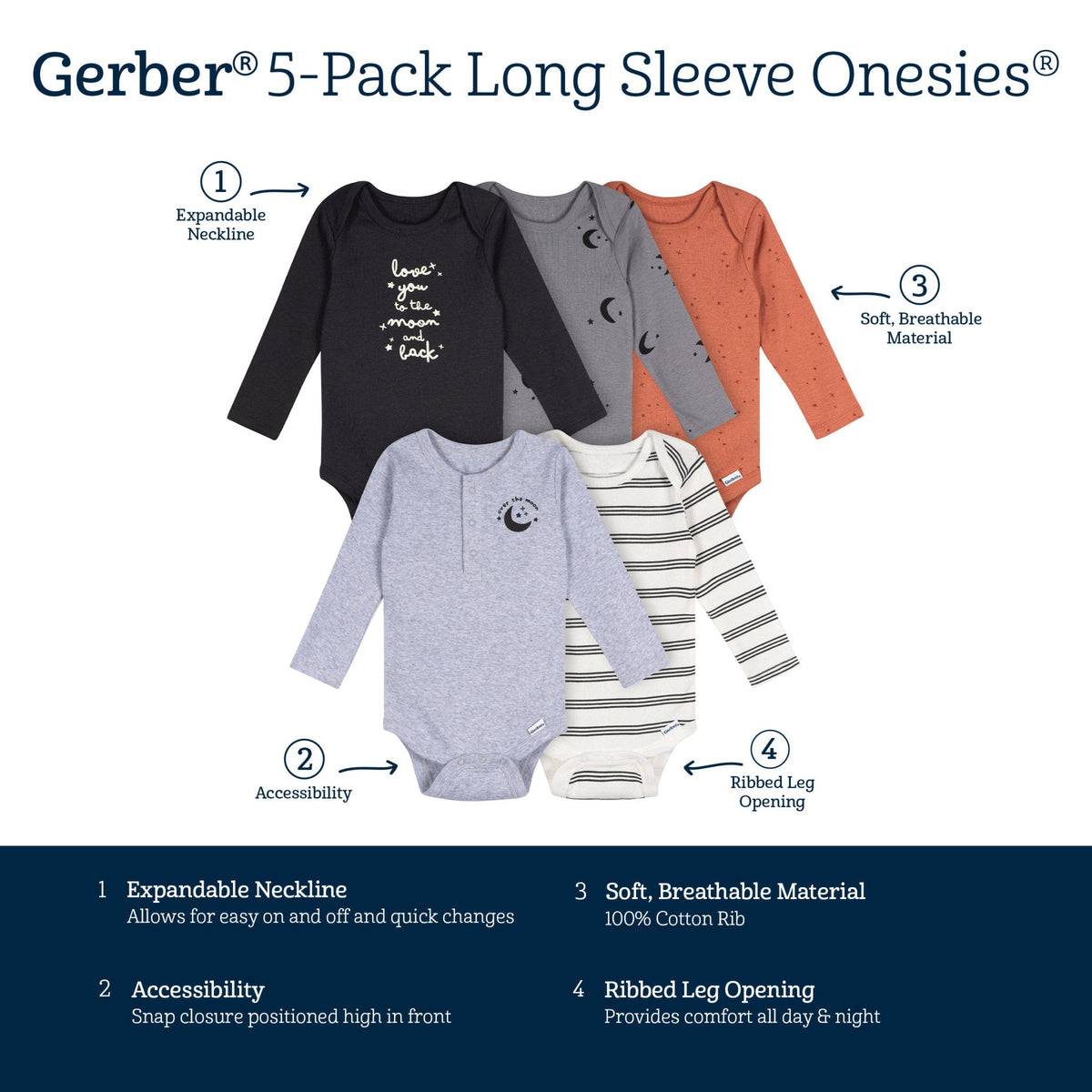 5-Pack Baby Boys Grey Heather Long Sleeve Bodysuits, view 8