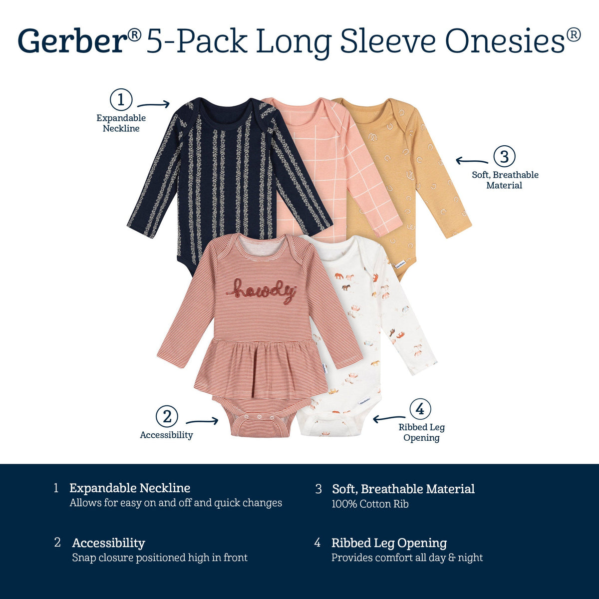 5-Pack Baby Girls Horses Long Sleeve Bodysuits, view 8