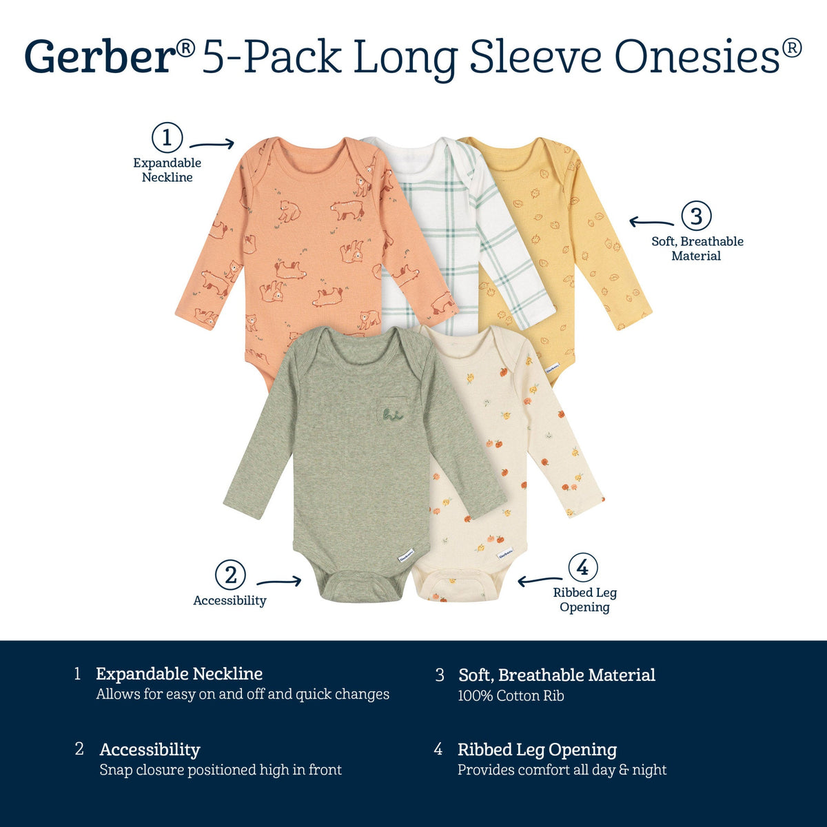 5-Pack Baby Neutral Green Heather Long Sleeve Bodysuits, view 8