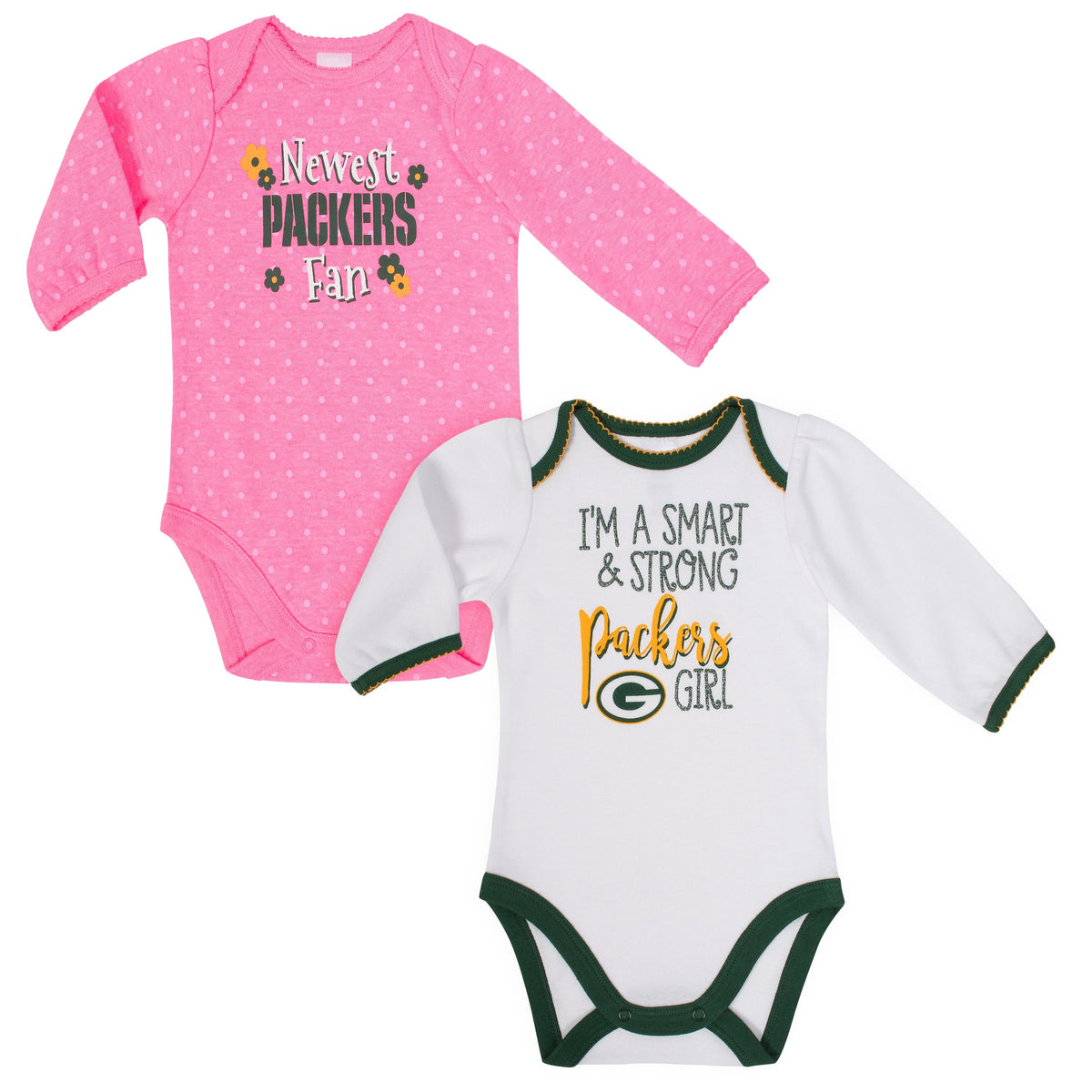 Green Bay Packers Baby Girl Long Sleeve Bodysuit, 2-pack