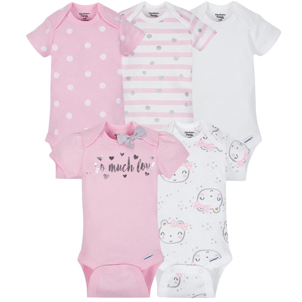 5-Pack Girls Organic Bear Onesies Brand Short Sleeve Bodysuits