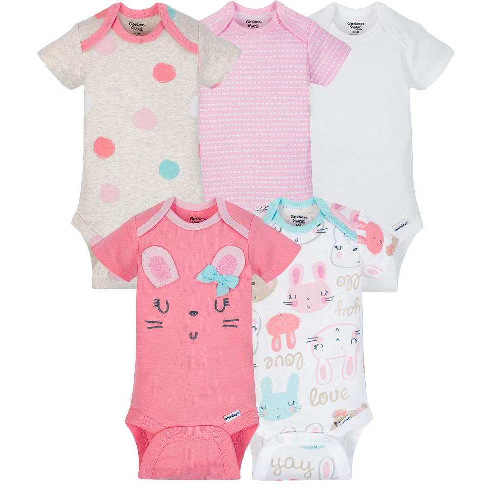 5-Pack Girls Organic Bunny Onesies Brand Short Sleeve Bodysuits