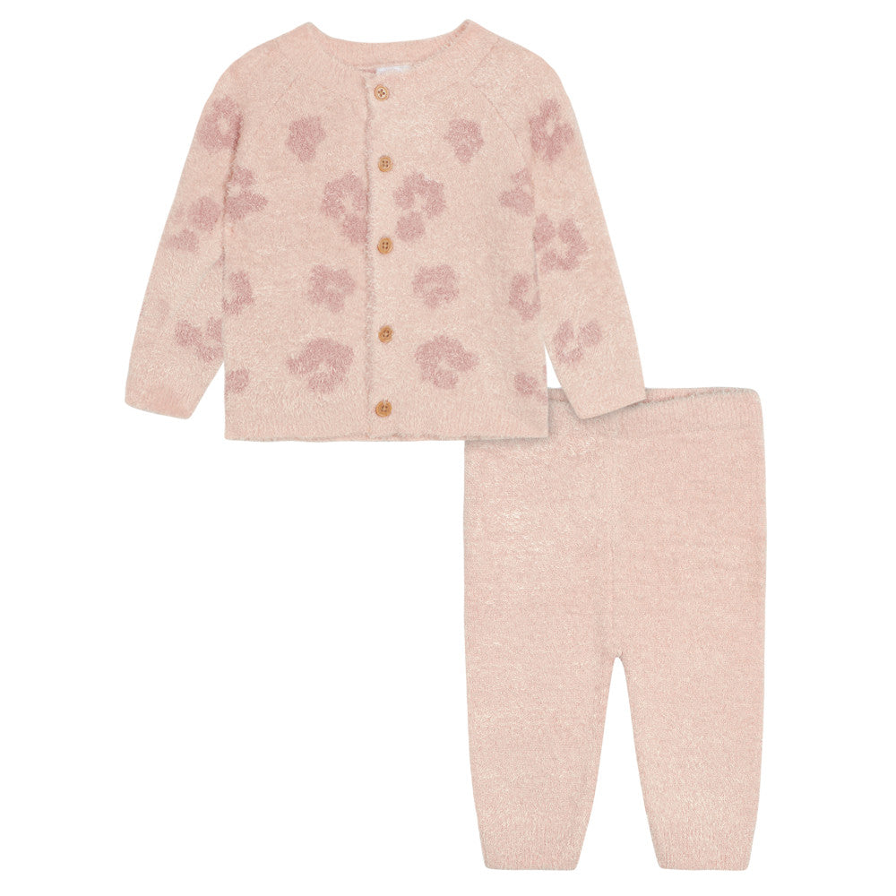 2-Piece Baby Girl Pink Leopard Silky Mink Cardigan & Jogger Pants Set, additional view 3
