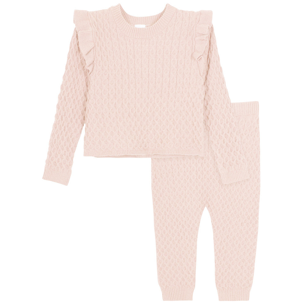 Modern Moments by Gerber 2-Piece Infant & Toddler Girls Pink Chunky Cable Knit Sweater With Ruffle & Leggings Set, additional view 3