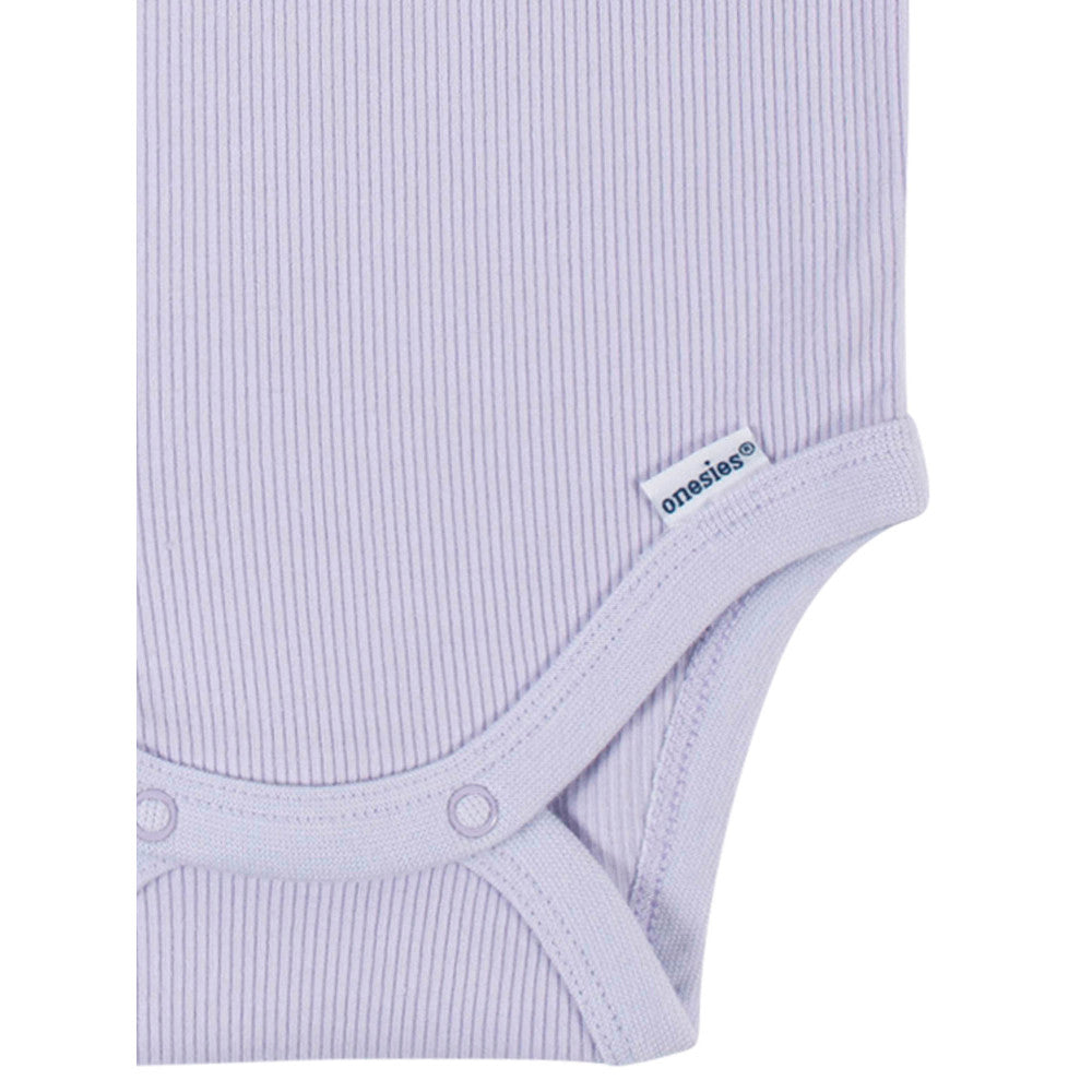 Modern Moments by Gerber 2-Pack Baby Girls Purple/White Sleeveless Onesies Bodysuits, close-up detail 2