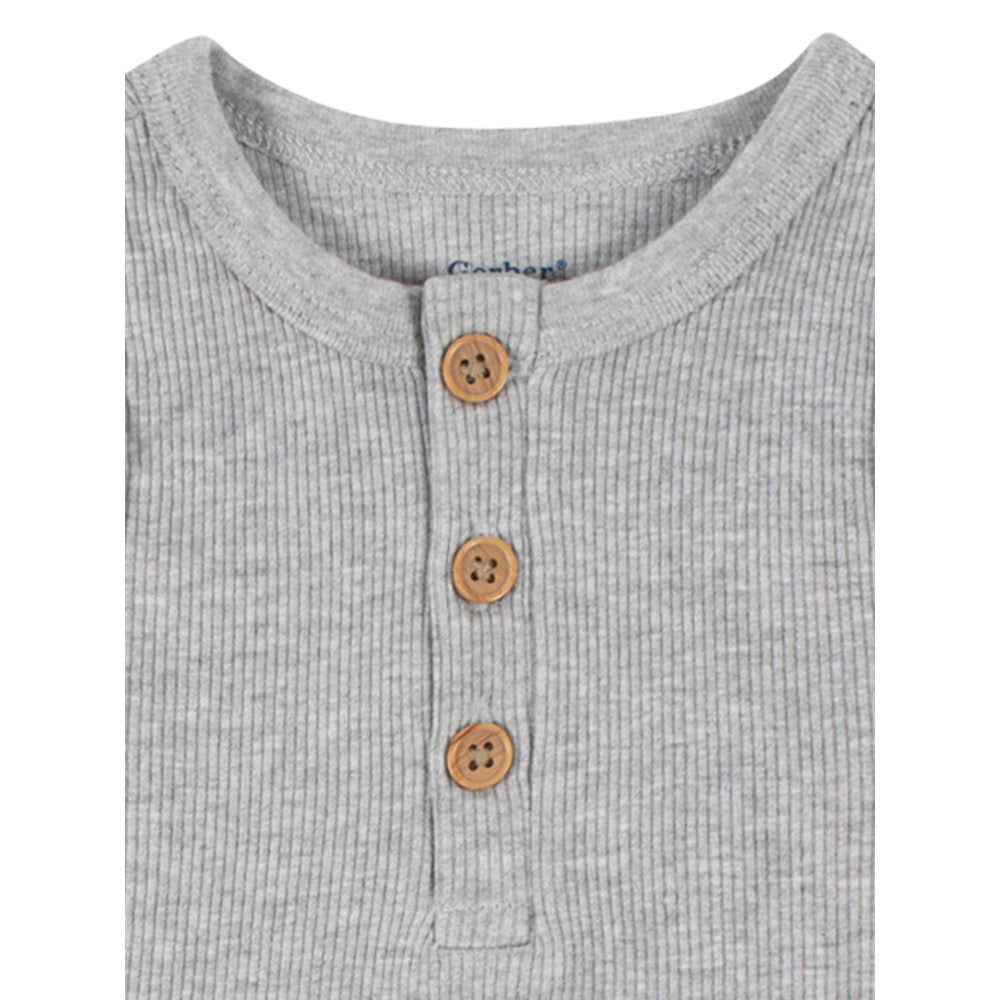 Modern Moments by Gerber 2-Pack Baby Boys Blue Grey Sleeveless Onesies Bodysuits, close-up detail 1