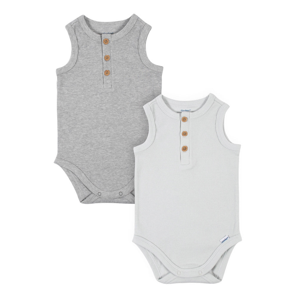 Modern Moments by Gerber 2-Pack Baby Boys Blue Grey Sleeveless Onesies Bodysuits