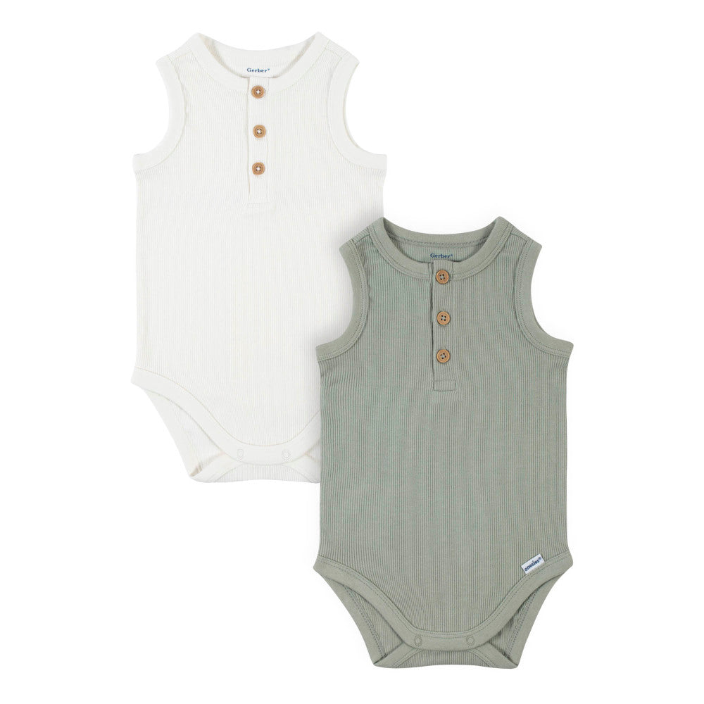 Modern Moments by Gerber 2-Pack Baby Boys Green Ivory Sleeveless Onesies Bodysuits