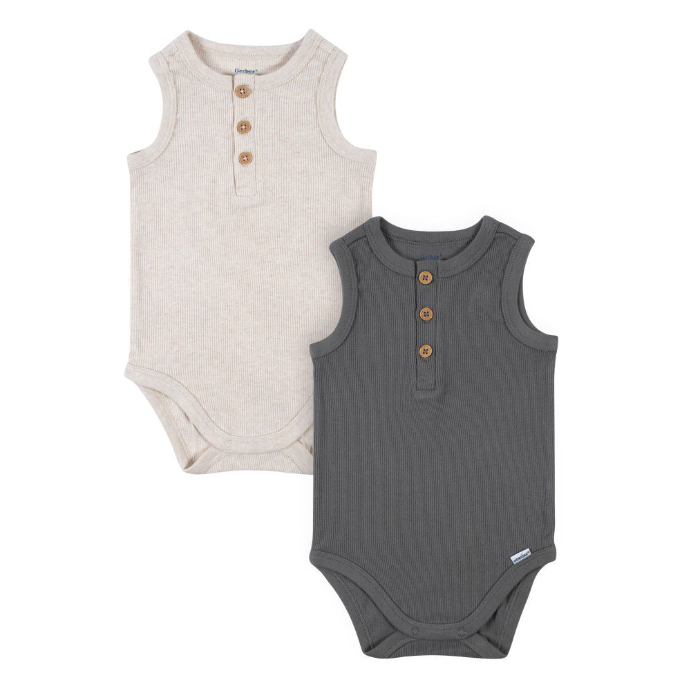 Modern Moments by Gerber 2-Pack Baby Boys Charcoal Oatmeal Sleeveless Onesies Bodysuits