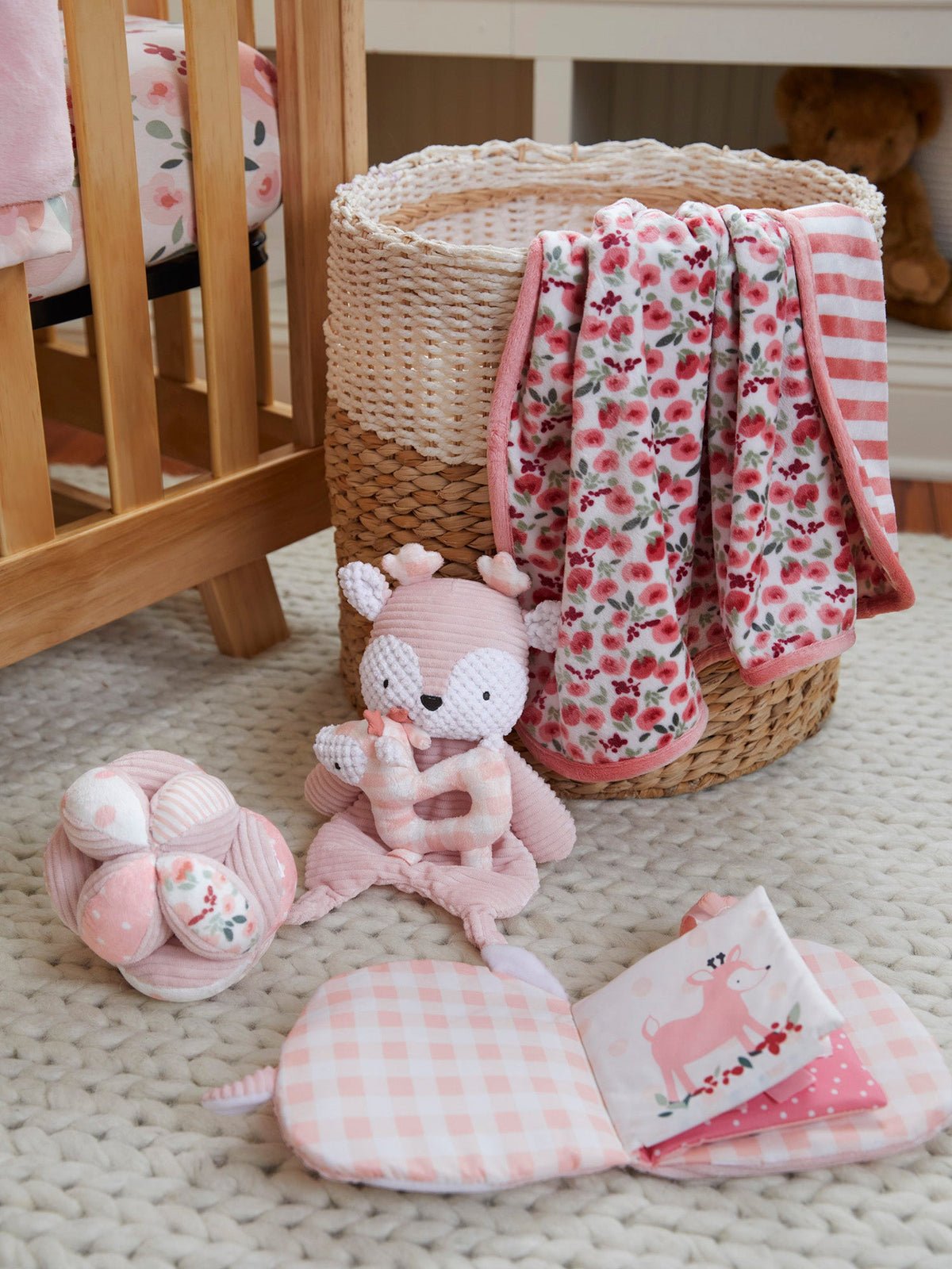 Modern Moments by Gerber 2-Pack Baby Girls Deer Rattle Security Blanket, lifestyle photo 2