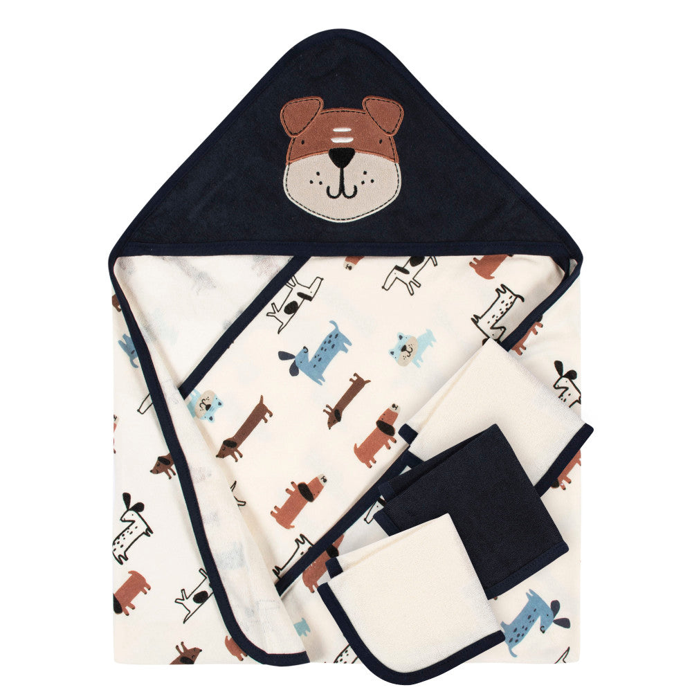 4-Piece Baby Boys Blue Hooded Towel & Washcloths Bath Set