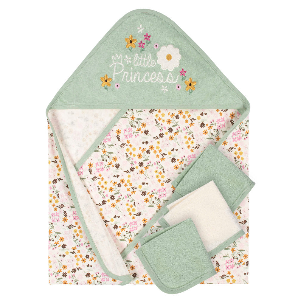 4-Piece Baby Girls Ivory Hooded Towel & Washcloths Bath Set