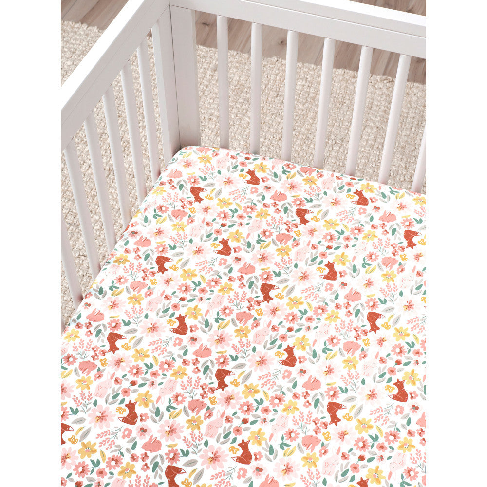 Modern Moments by Gerber Baby Girls Floral Foxes & Bunnies Fitted Crib Sheet, additional view 2