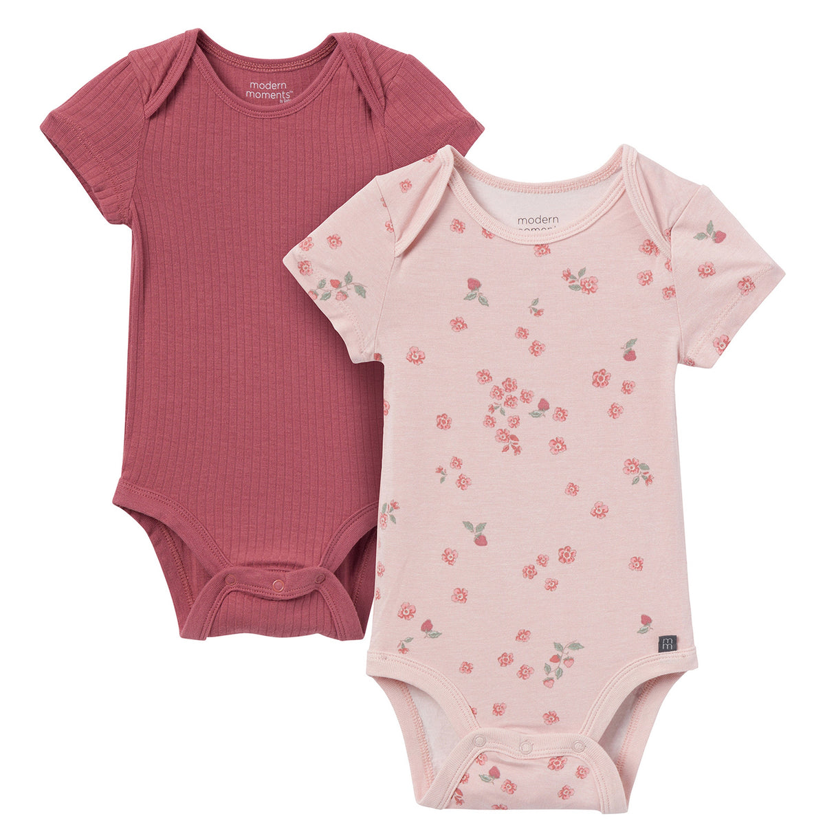 2-Pack Baby Girls Peach Strawberry Floral Bodysuits