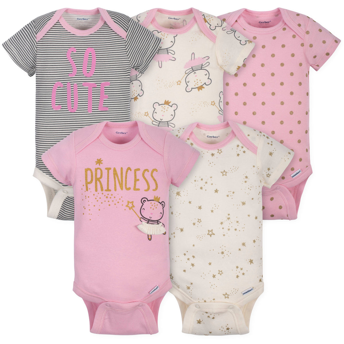 5-Pack Baby Girls Princess Short Sleeve Onesies Brand Bodysuits
