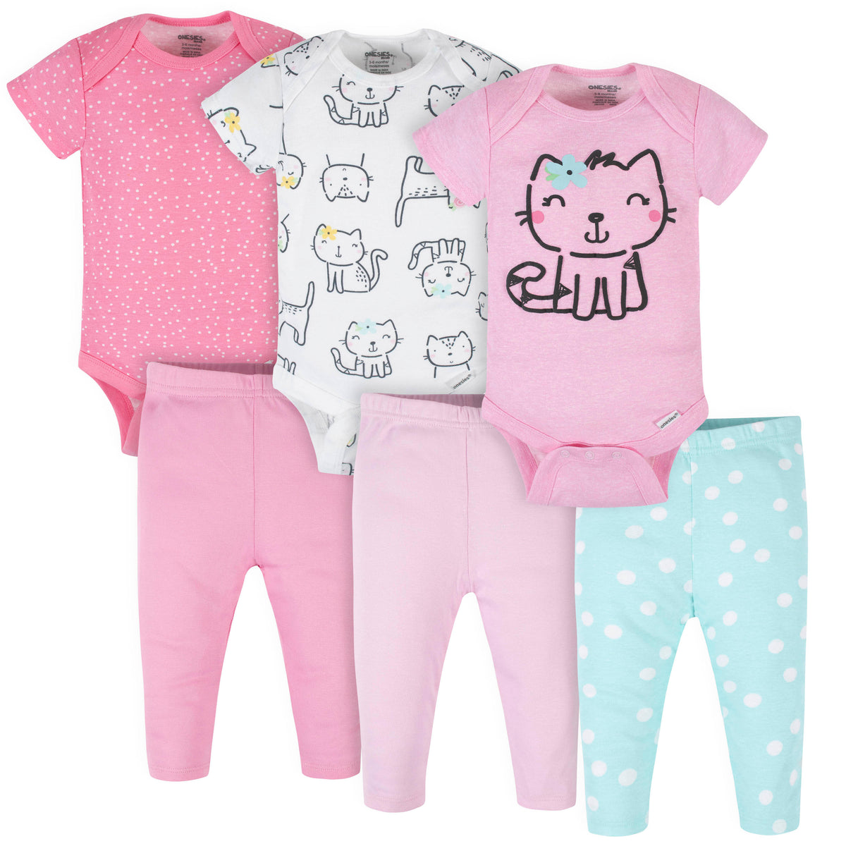 6-Piece Baby Girls Cat Onesies Bodysuits & Pants Set
