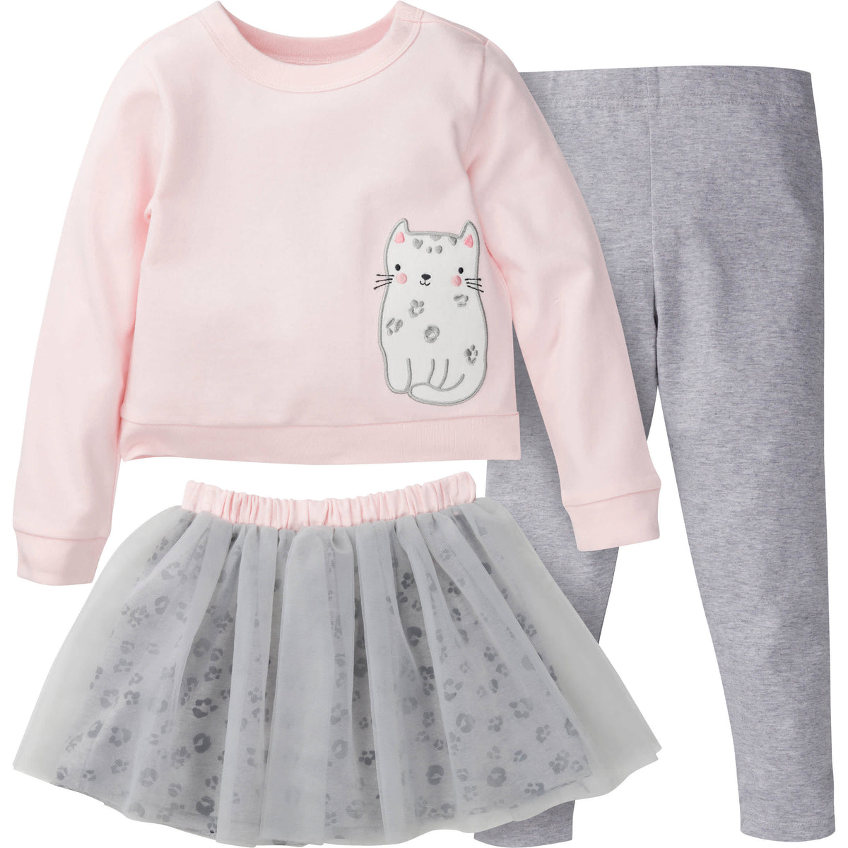3-Piece Baby & Toddler Girls Kitty French Terry Top, Tulle Tutu, & Legging Set