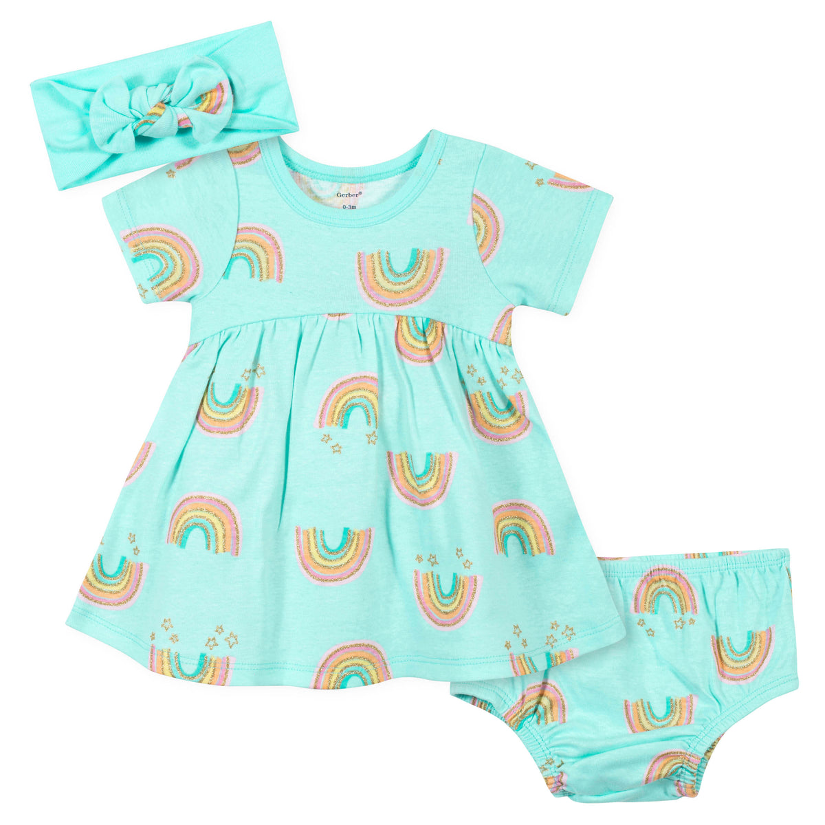 3-Piece Girls Gold Rainbow Dress Set
