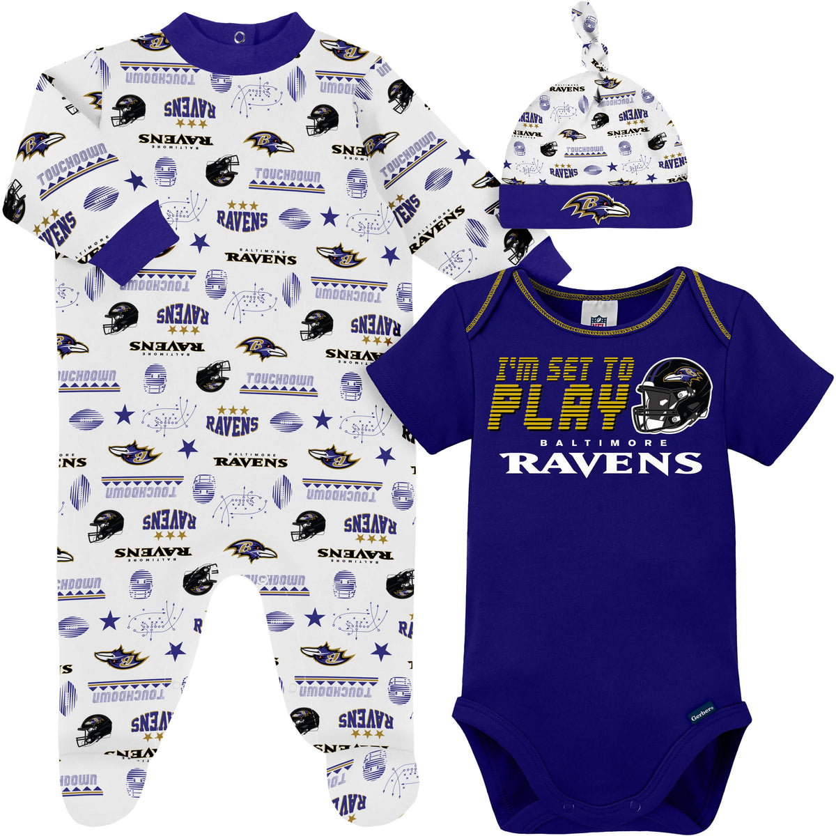 3-Piece Baby Boys Baltimore Ravens Bodysuit, Sleep 'N Play & Cap Set