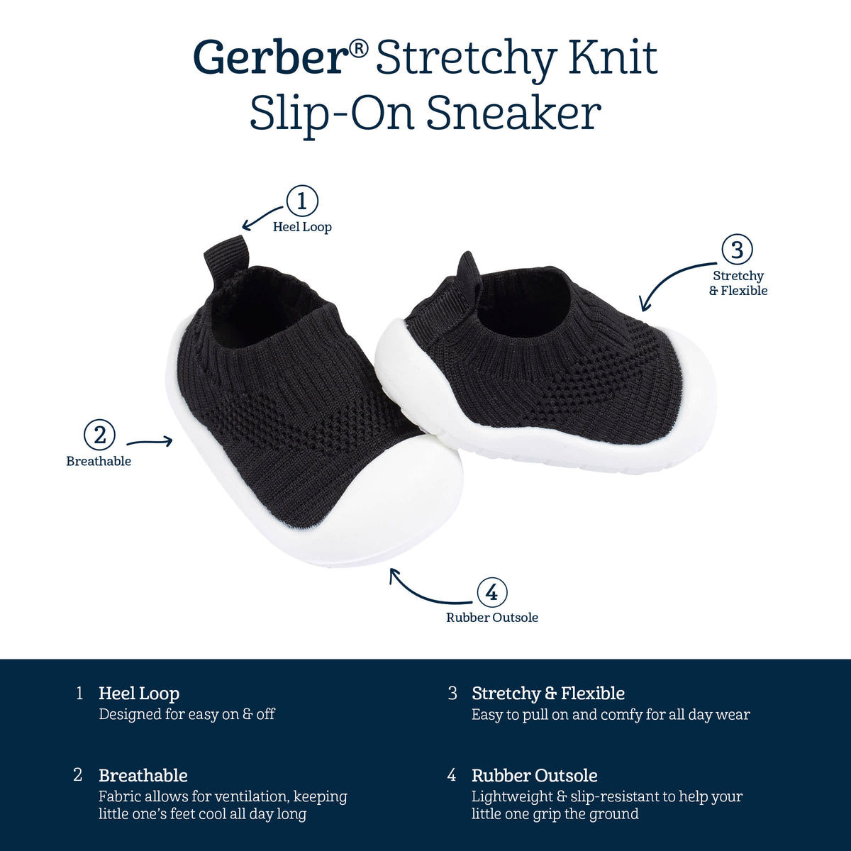 Baby Boys Black Stretchy Knit Slip-On Sneaker, view 5