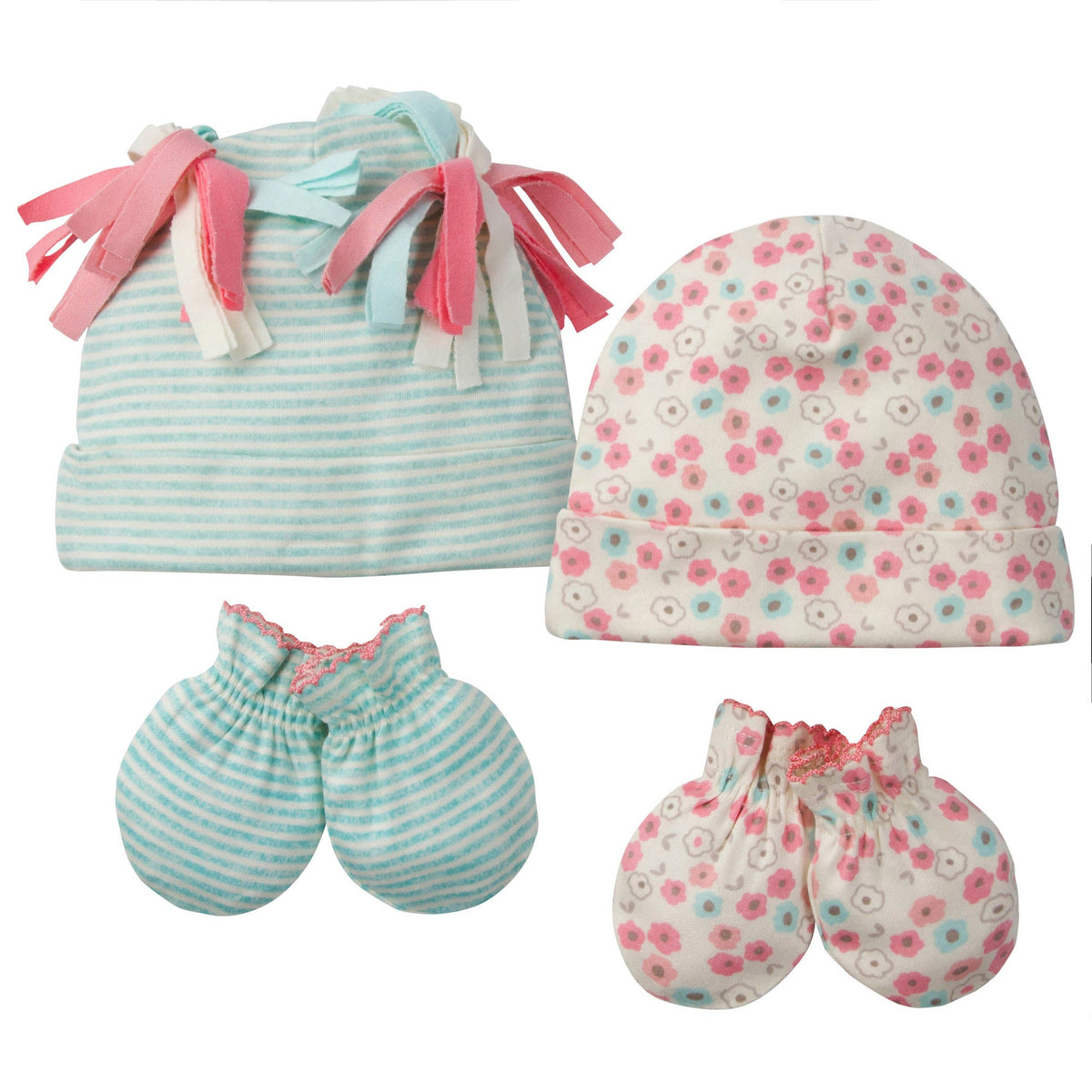 4-Piece Organic Baby Girls Floral No Scratch Mittens & Caps Set