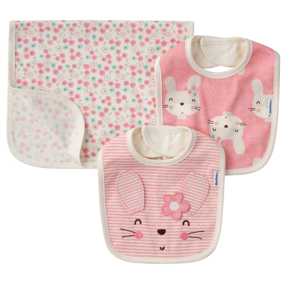 3-Piece Organic Baby Girls Floral Bunny Bibs & Burps Set