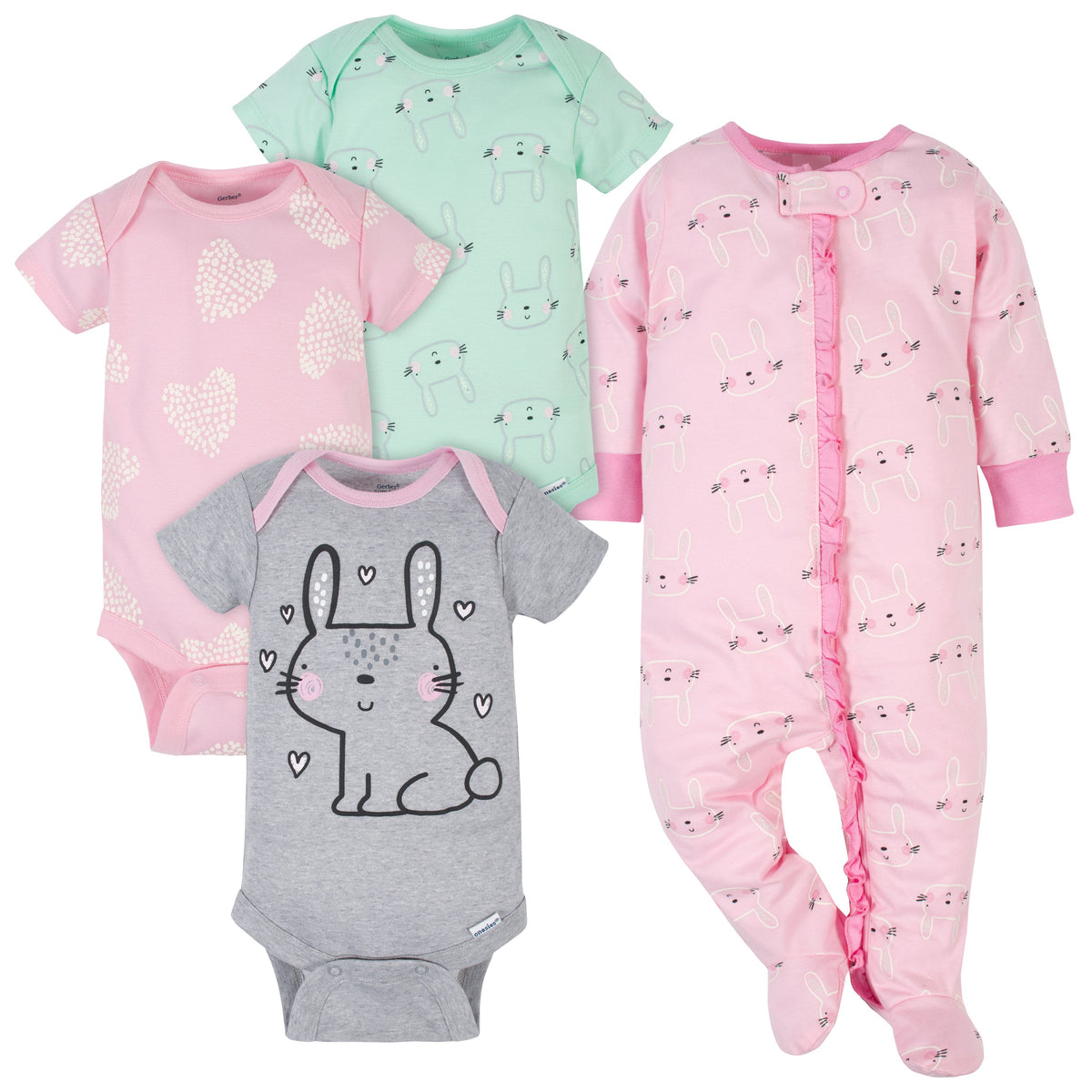 4-Piece Baby Girls Bear Onesies Brand Bodysuits & Sleep 'N Play Set