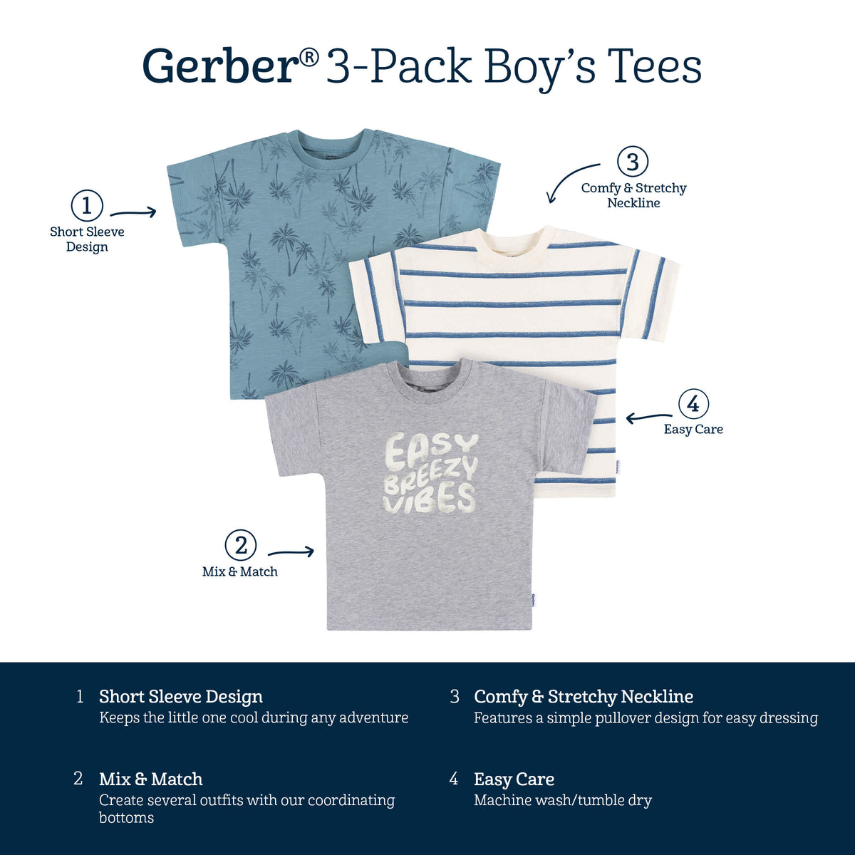 3-Pack Infant and Toddler Boys Easy Breezy Vibes T-Shirts, view 5