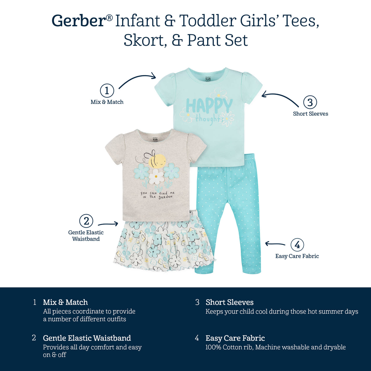 4-Piece Infant & Toddler Girls Bee Petals Tees, Skorts & Pants Set, view 8