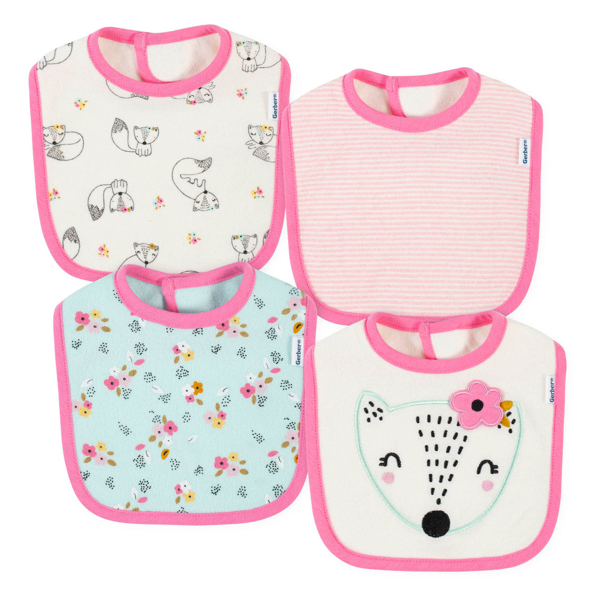 4-Pack Baby Girls Fox Dribbler Bibs