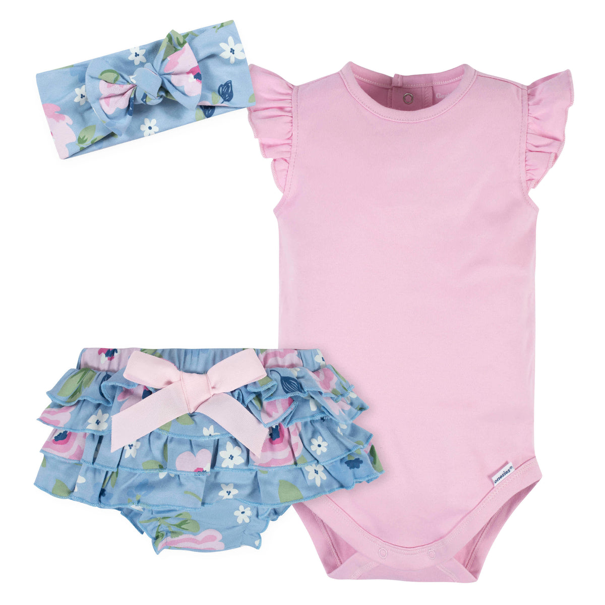 3-Piece Baby Girls Periwinkle Garden Onesies Bodysuit, Diaper Cover & Headband Set