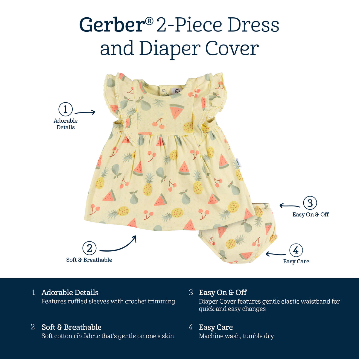 2-Piece Baby Girls Fruit Dress & Diaper Cover, view 7