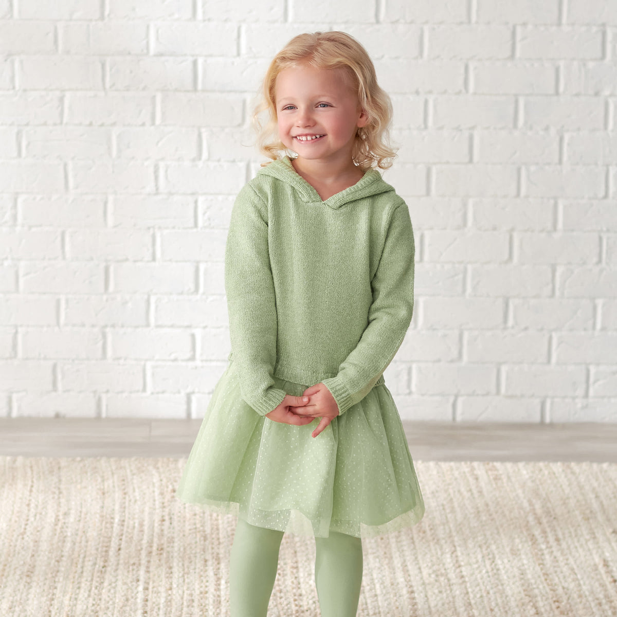 Infant & Toddler Girls Green Sweater Dress With Tulle Skirt, view 5