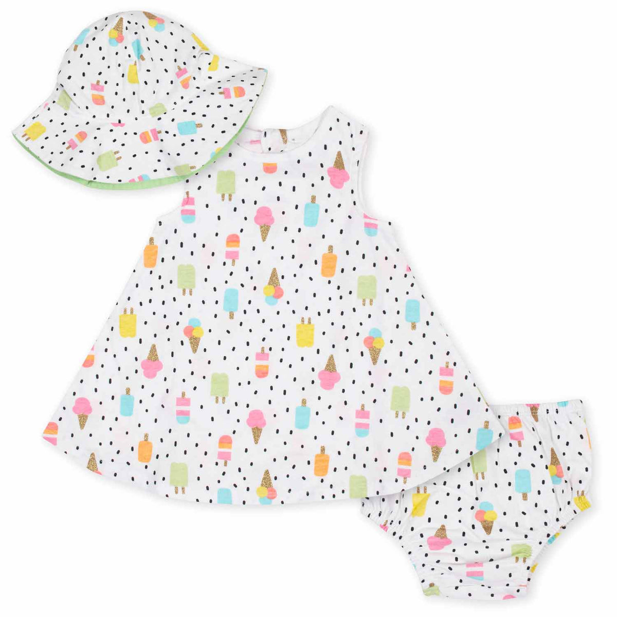 3-Piece Baby Girls Frozen Treats Dress, Diaper Cover, and Hat Set