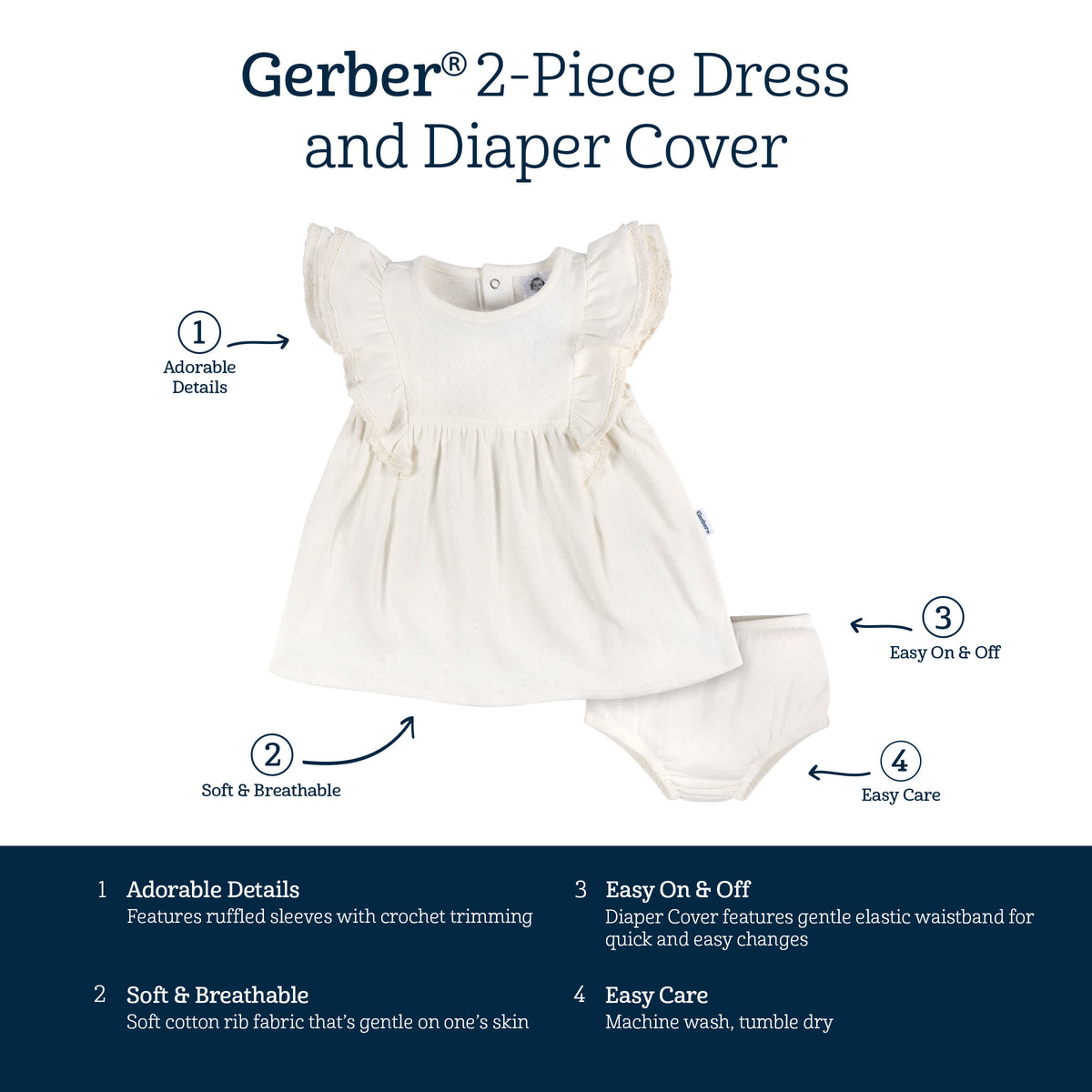 2-Piece Baby Girls Ivory Dress & Diaper Cover, view 7