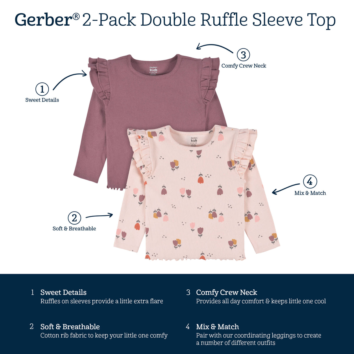 2-Pack Infant & Toddler Girls Burgundy Floral Double Ruffle Tops, view 8