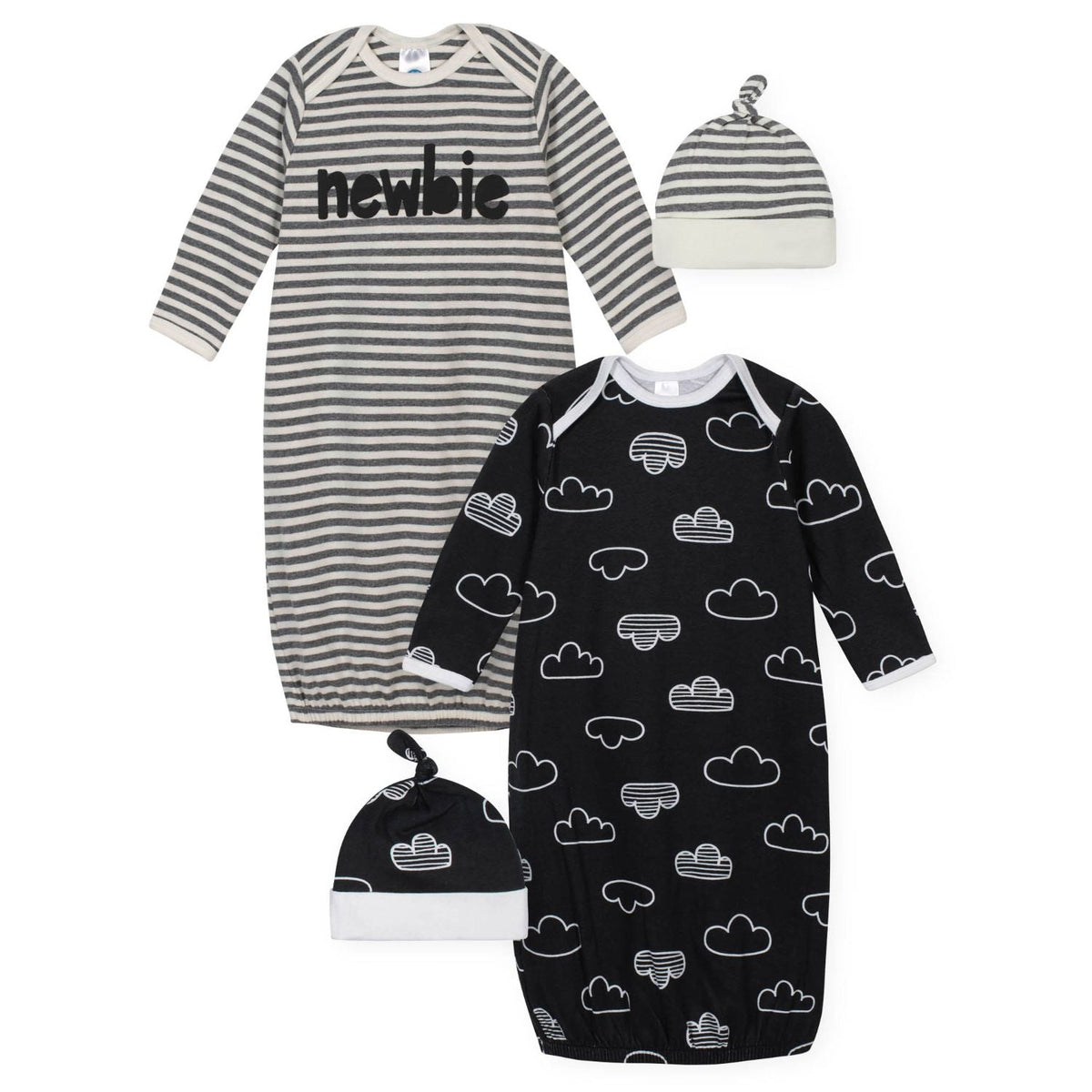 4-Piece Baby Boys Clouds and Newbie Gowns and Caps Set