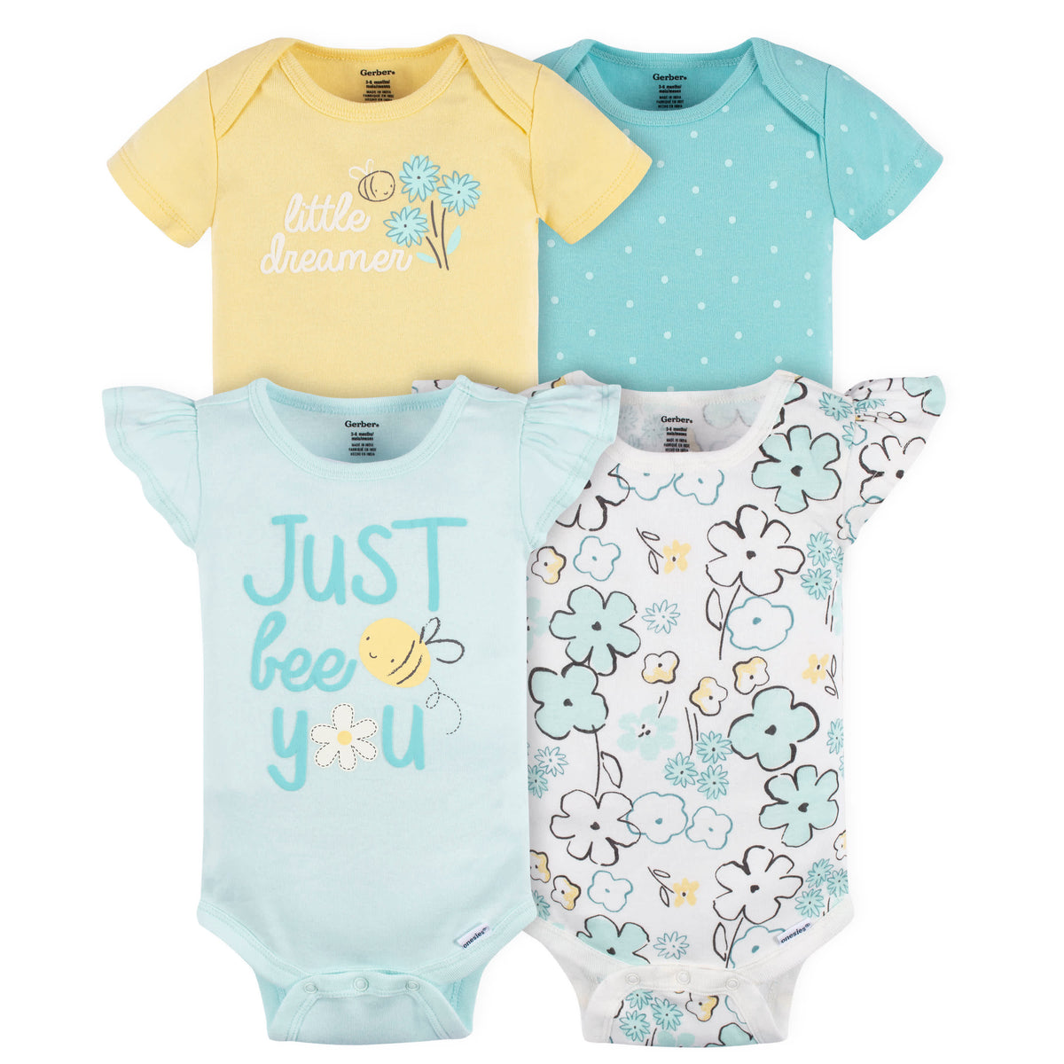 4-Pack Baby Girls Bee Petals Short Sleeve Onesies Brand Bodysuits