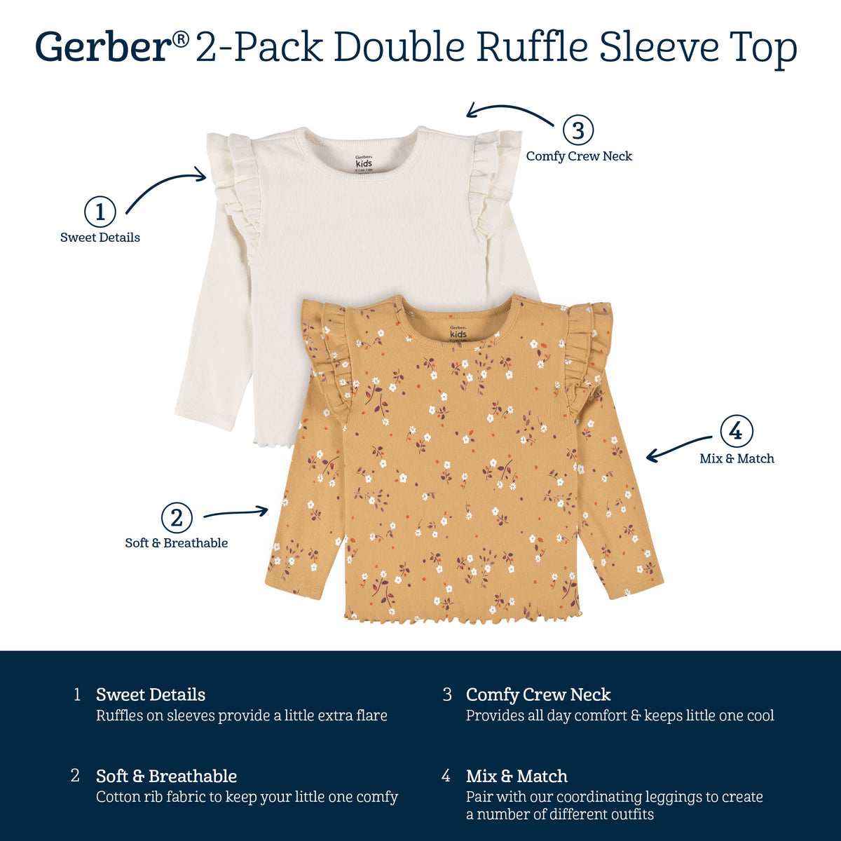 2-Pack Infant & Toddler Girls Mustard Floral Double Ruffle Tops, view 8