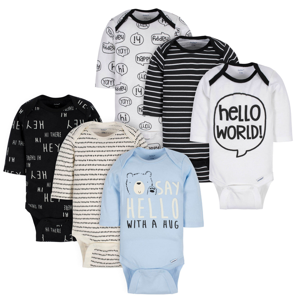 6-Pack Baby Boys Bear & Hello Long Sleeve Onesies Bodysuits