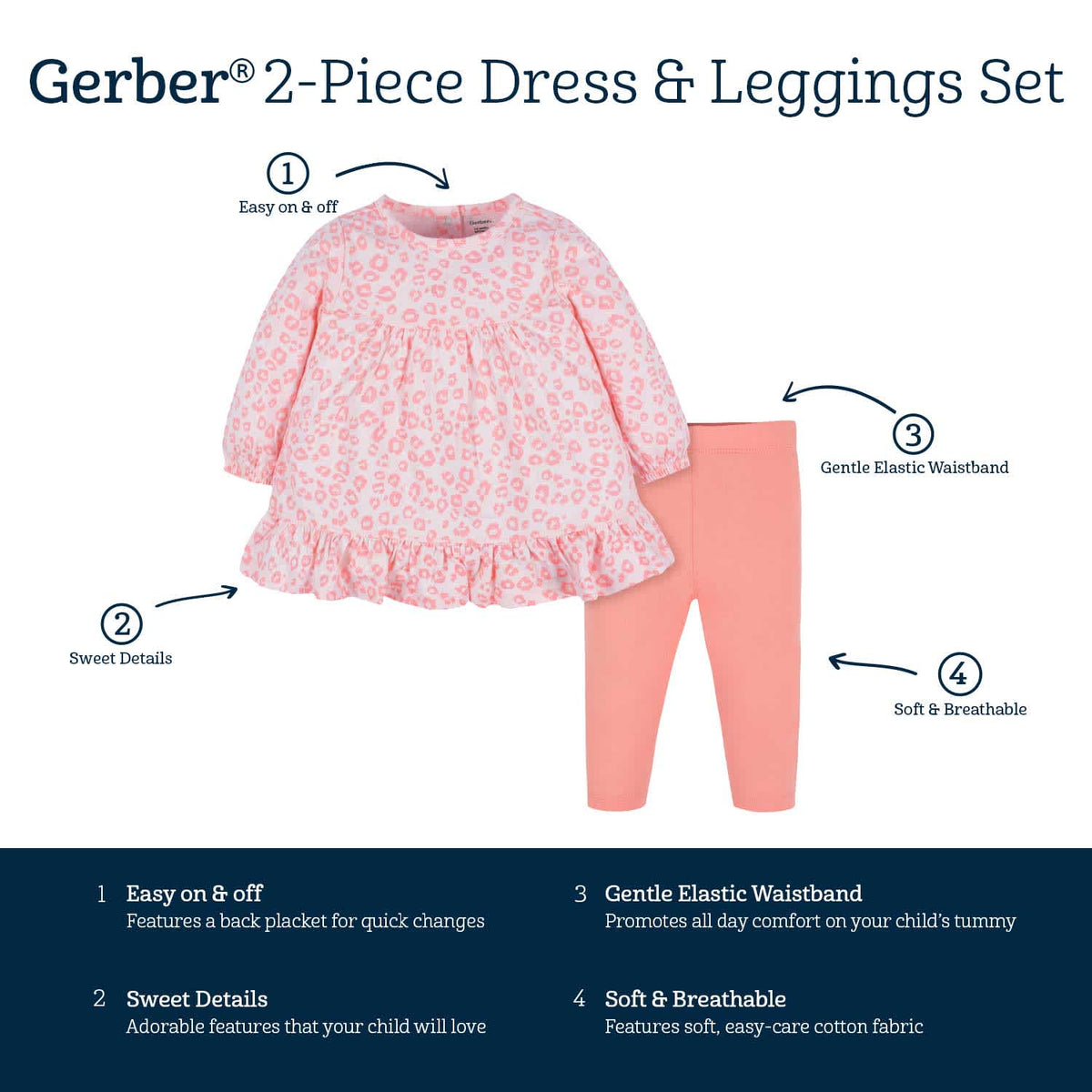 2-Piece Baby and Toddler Girls Leopard Long Sleeve Dress & Leggings Set, view 5