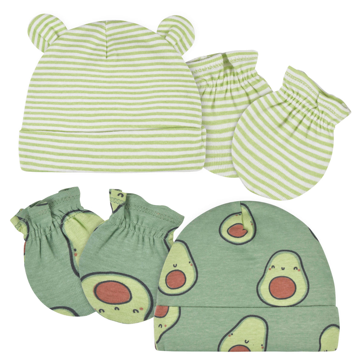 4-Piece Baby Neutral Avocado Caps & No Scratch Mittens Set