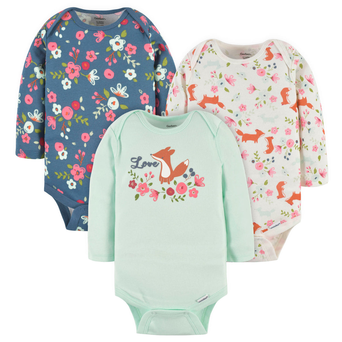 3-Pack Baby Girls Floral Fox Long Sleeve Onesies Bodysuits