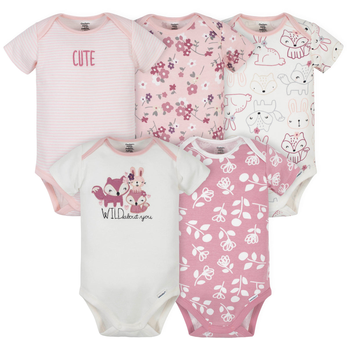 5-Pack Organic Baby Girls Fox Onesies Brand Bodysuits