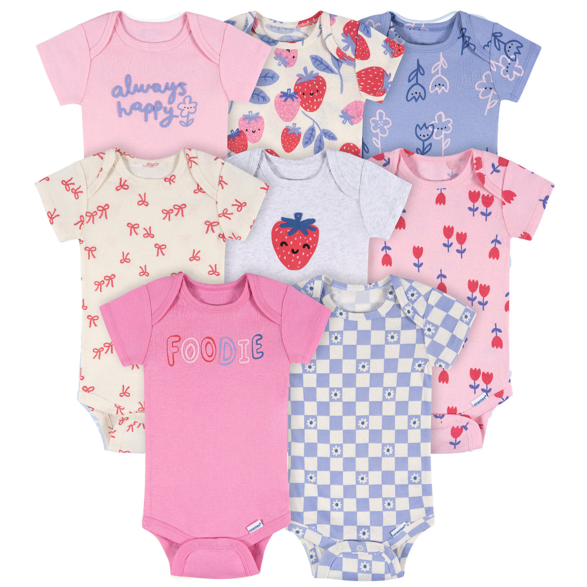 8-Pack Baby Girls Berry Happy Short Sleeve Onesies Bodysuits