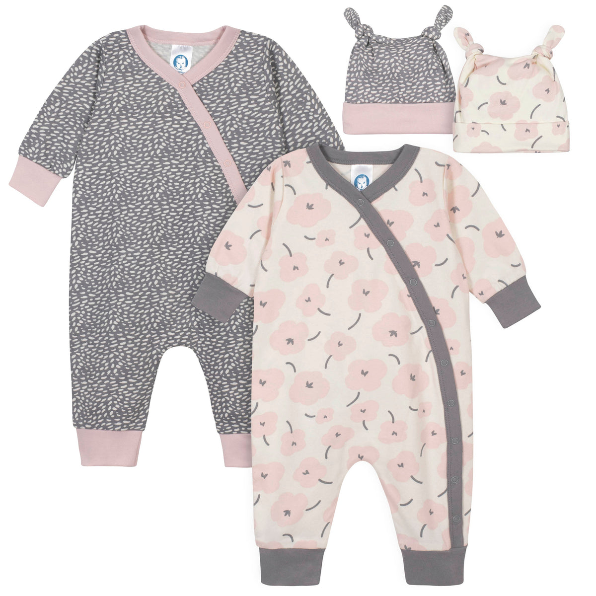4-Piece Baby Girls Bunny Coverall and Cap Set