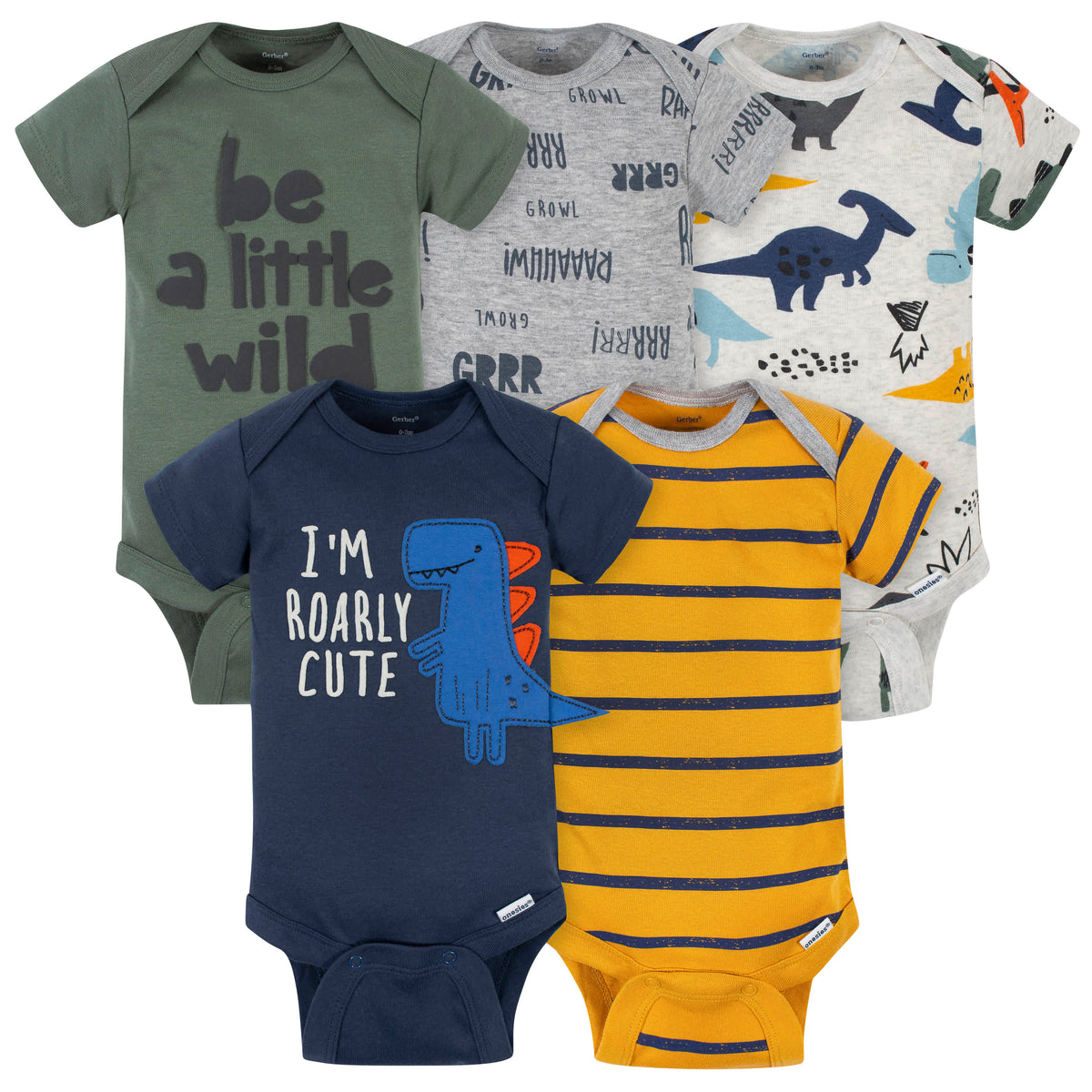 5-Pack Baby Boys Dino Short Sleeve Onesies Bodysuits