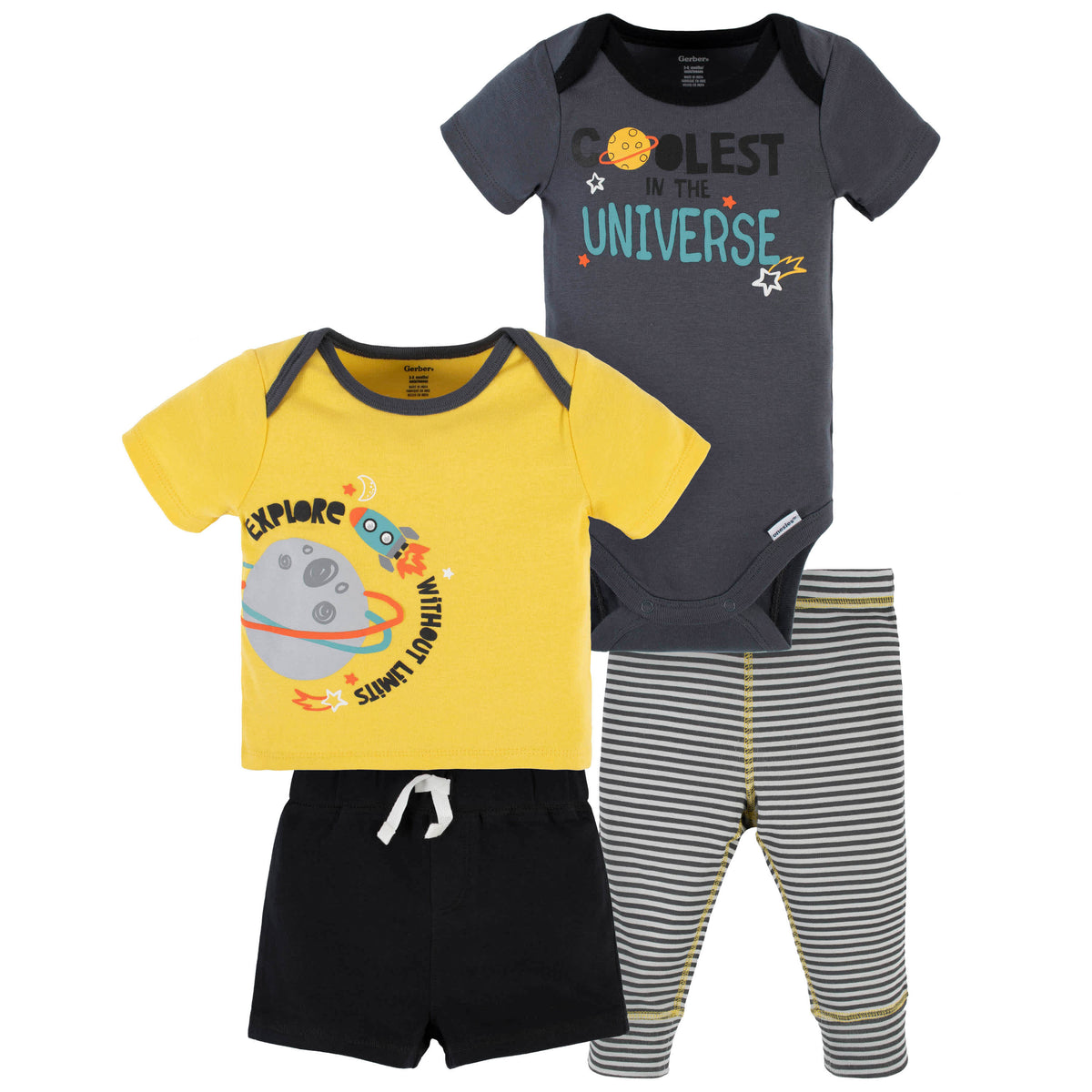 4-Piece Baby Boys Blast Off Onesies Bodysuit, Tee, Shorts & Pant Set
