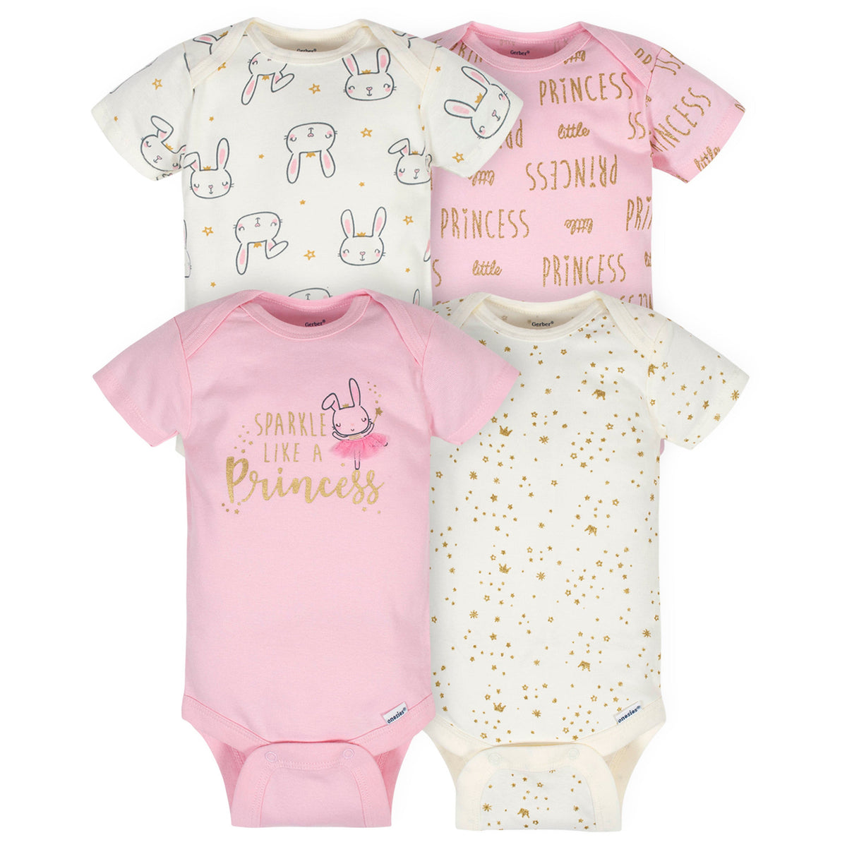 4-Pack Baby Girls Princess Short Sleeve Onesies Bodysuits