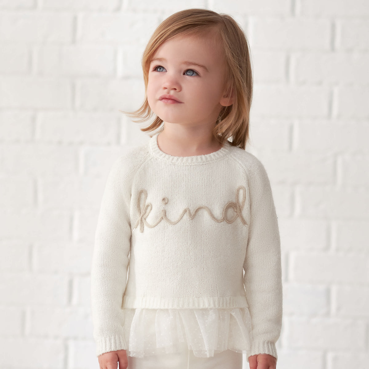 Infant & Toddler Girls White Sweater With Tulle Trim, view 2